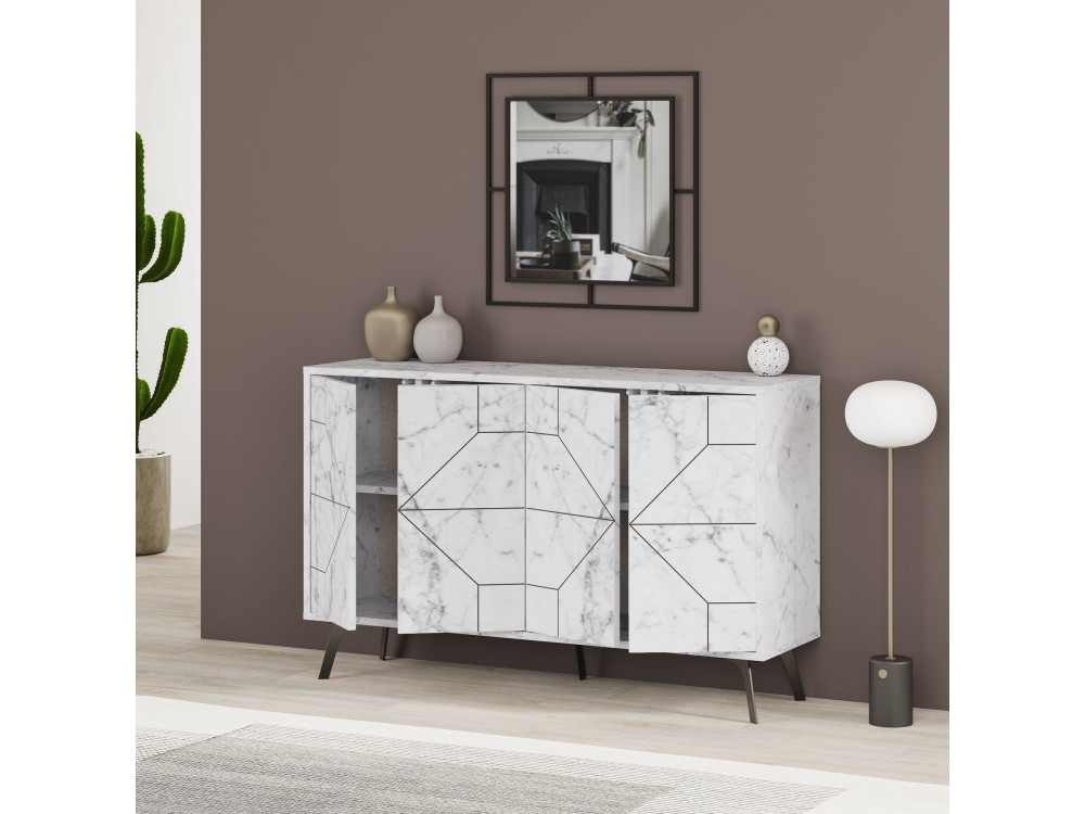 Houten buffetkast "Dune" - 123 x 35 x 62 cm - Wit gemarmerd