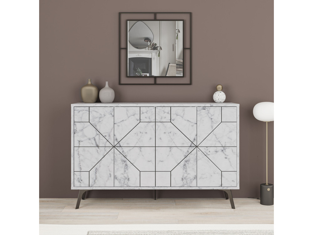 Houten buffetkast "Dune" - 123 x 35 x 62 cm - Wit gemarmerd