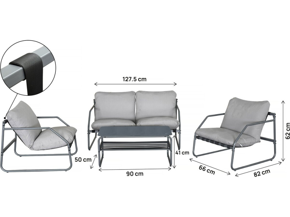 Metalen tuinset "Sora" met kussens - 4 zits - Grijs