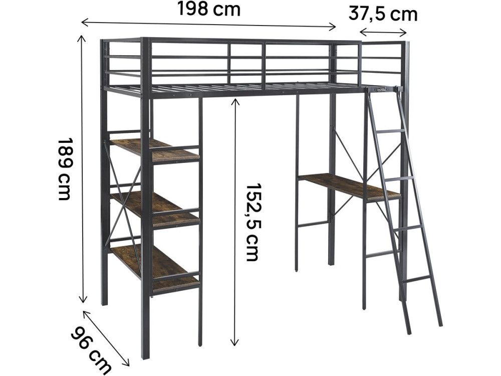 Hoogslaper met metalen bureau „Raphaël“ - 190 x 90 cm - Zwart