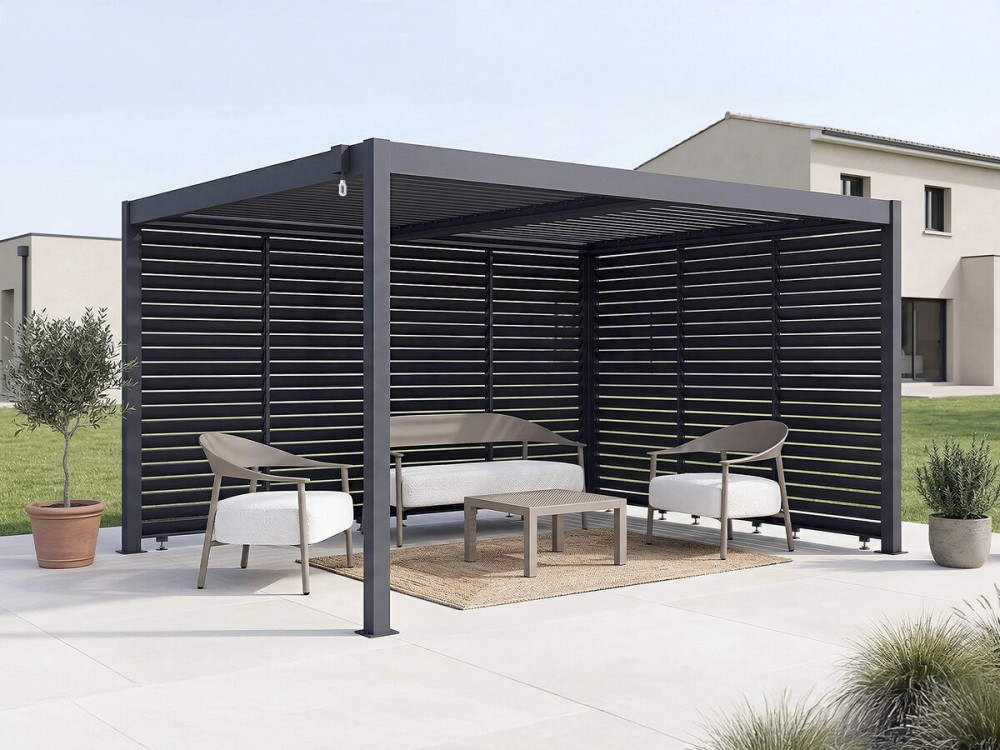Bioklimatische pergola met 7 aluminium lamellen "Windsor" - 3 x 4 m - Grijs