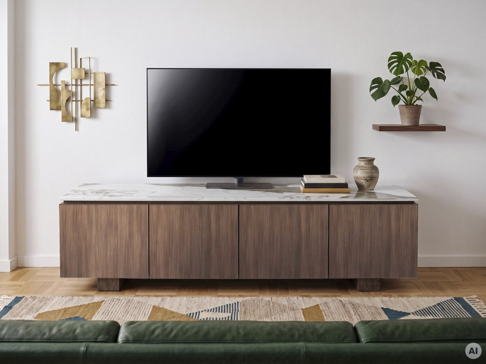 Houten tv-meubel met keramisch blad "Elma" - 160 x 45 x 45 cm - Bruin