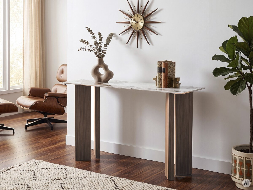Houten consoletafel met keramisch blad "Elma" - 140 x 40 x 80 cm - Bruin
