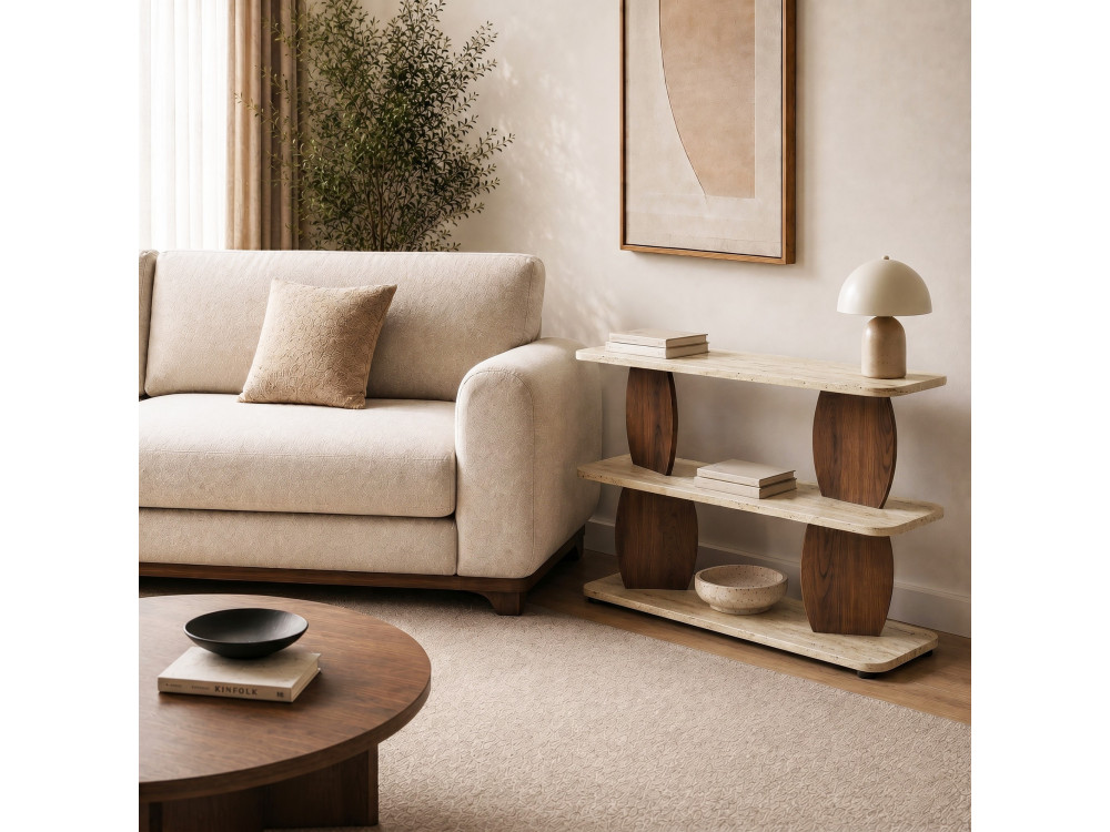 Houten bijzettafel "Armonia" - 90 x 30 x 70 cm - Travertijn / Notenhout