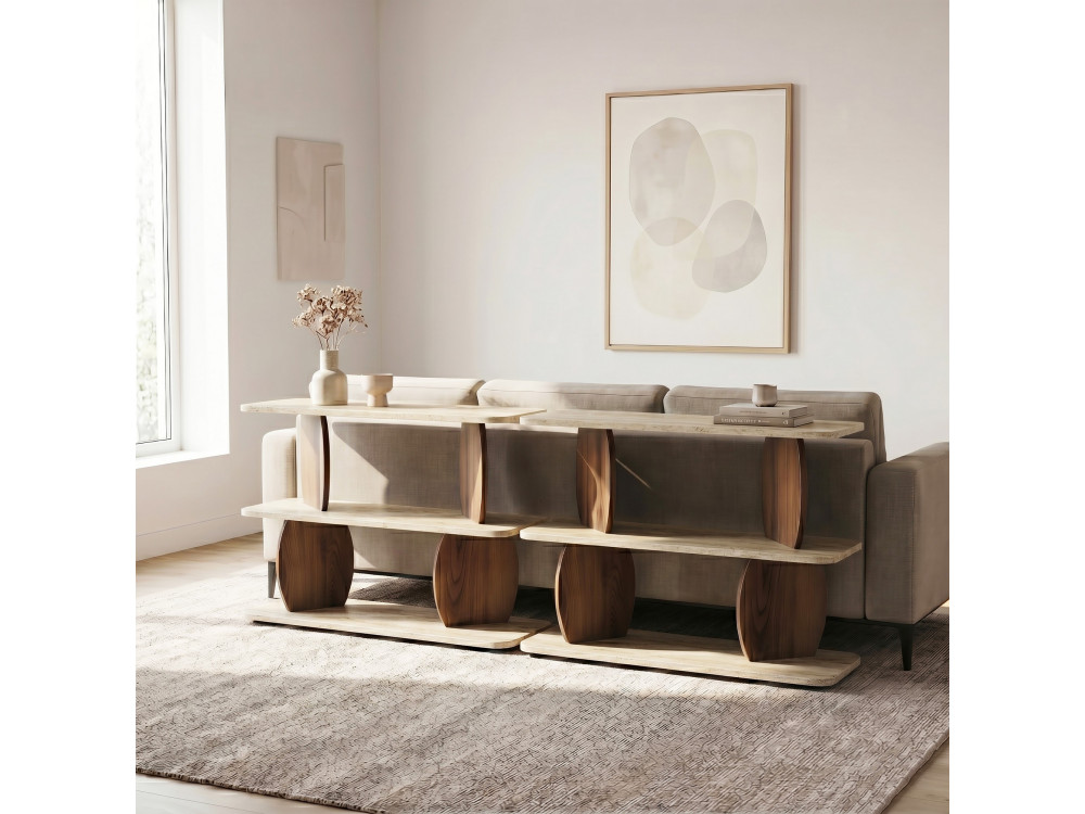 Houten bijzettafel "Armonia" - 90 x 30 x 70 cm - Travertijn / Notenhout