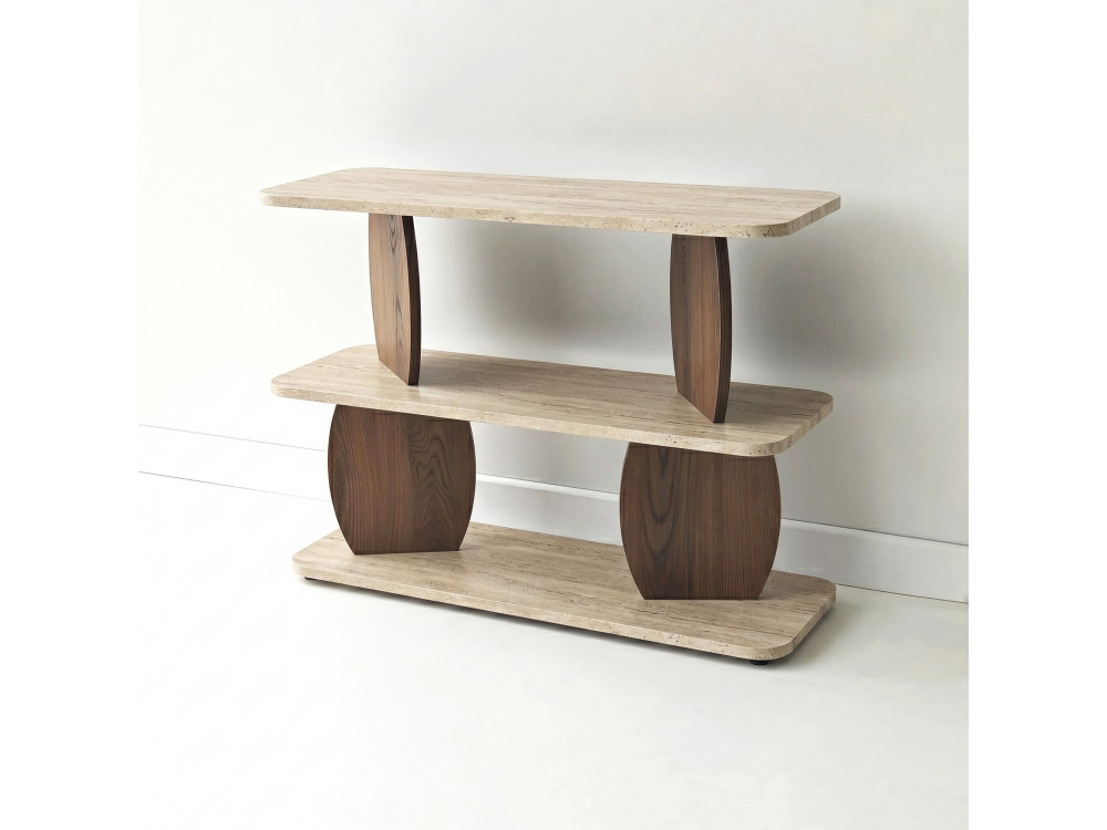 Houten bijzettafel "Armonia" - 90 x 30 x 70 cm - Travertijn / Notenhout