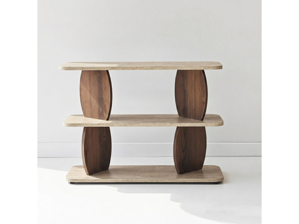 Houten bijzettafel "Armonia" - 90 x 30 x 70 cm - Travertijn / Notenhout