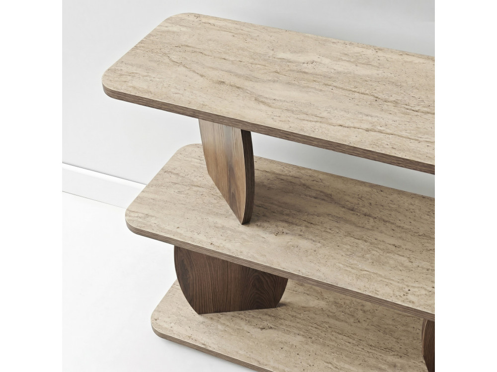 Houten bijzettafel "Armonia" - 90 x 30 x 70 cm - Travertijn / Notenhout