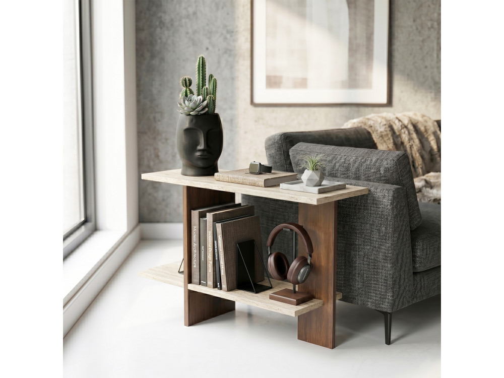 Houten bijzettafel "Essenziale" - 80 x 30 x 55 cm - Travertijn / Notenhout
