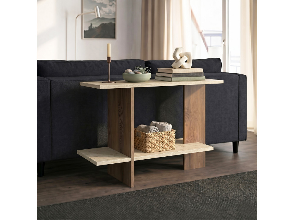 Houten bijzettafel "Essenziale" - 80 x 30 x 55 cm - Travertijn / Notenhout