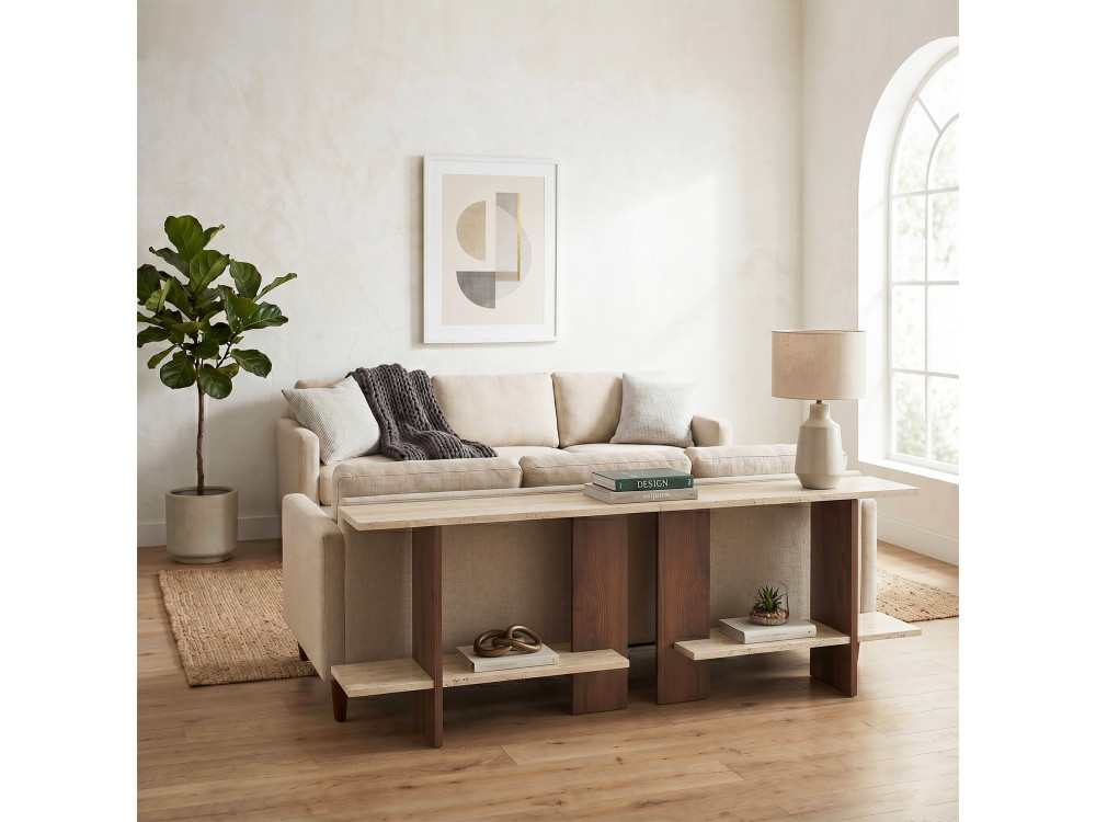 Houten bijzettafel "Essenziale" - 80 x 30 x 55 cm - Travertijn / Notenhout