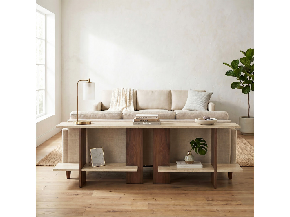 Houten bijzettafel "Essenziale" - 80 x 30 x 55 cm - Travertijn / Notenhout