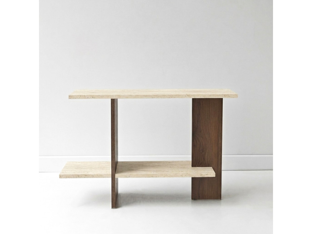 Houten bijzettafel "Essenziale" - 80 x 30 x 55 cm - Travertijn / Notenhout