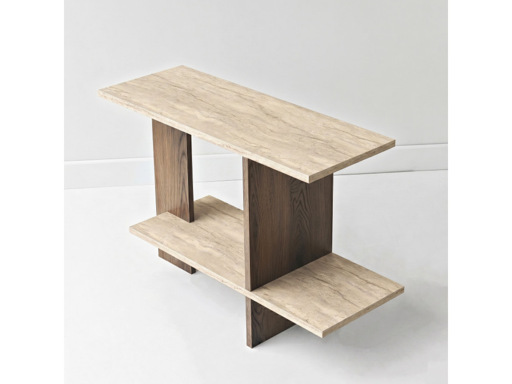 Houten bijzettafel "Essenziale" - 80 x 30 x 55 cm - Travertijn / Notenhout