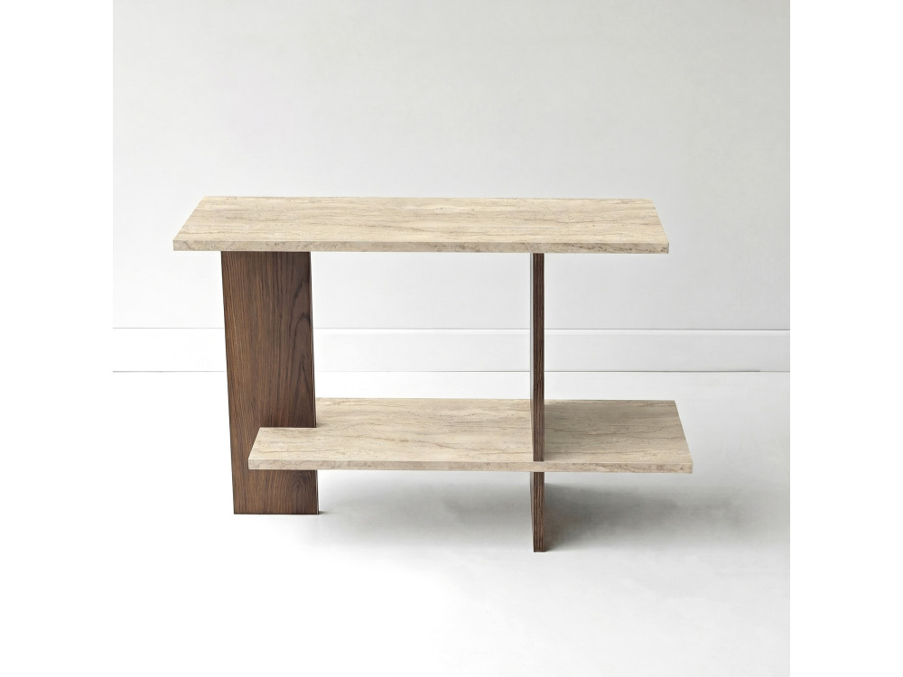 Houten bijzettafel "Essenziale" - 80 x 30 x 55 cm - Travertijn / Notenhout