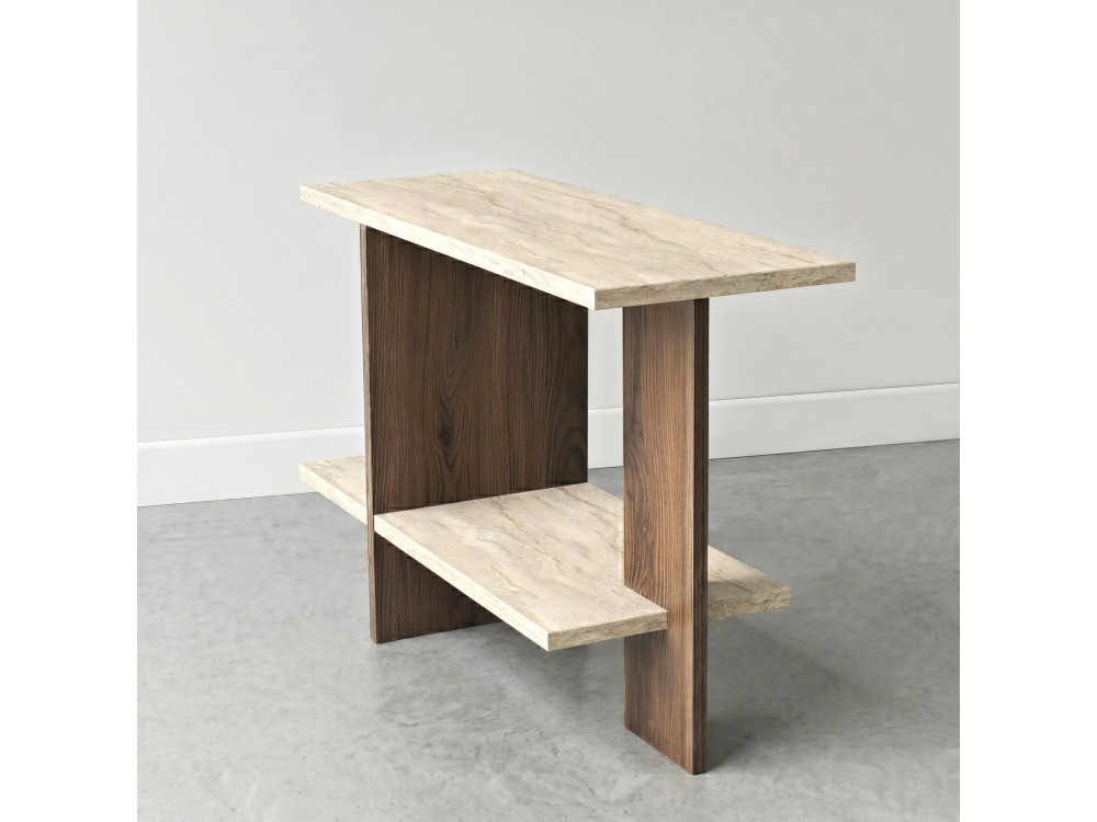 Houten bijzettafel "Essenziale" - 80 x 30 x 55 cm - Travertijn / Notenhout