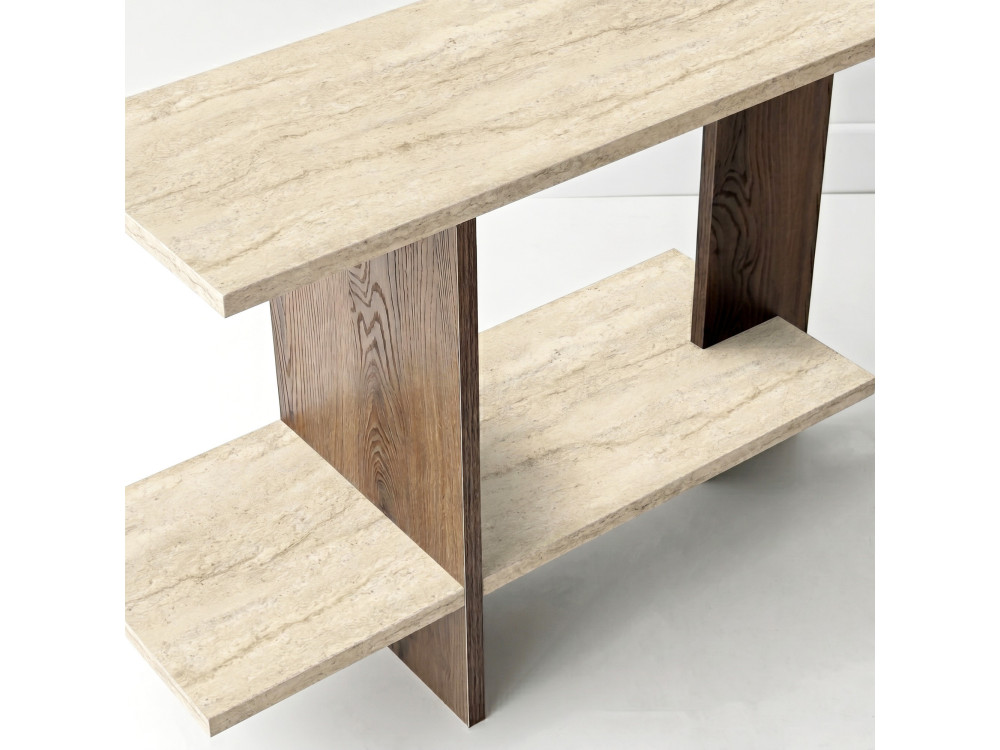 Houten bijzettafel "Essenziale" - 80 x 30 x 55 cm - Travertijn / Notenhout