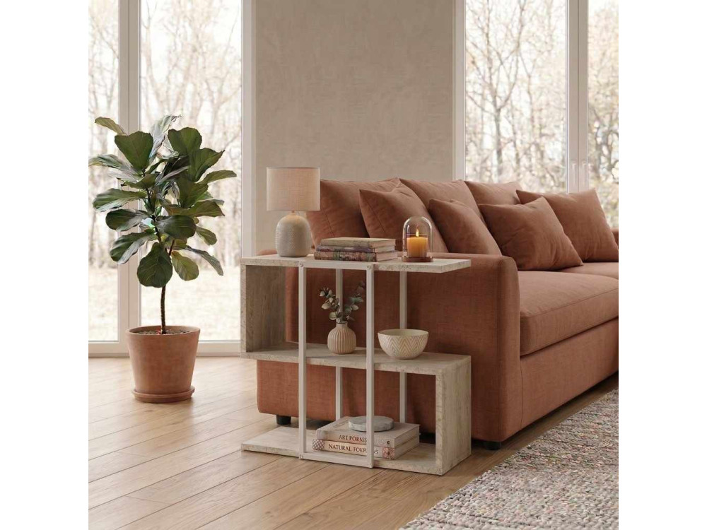 Houten bijzettafel "HOMIA" - 56 x 25 x 56 cm - travertijn