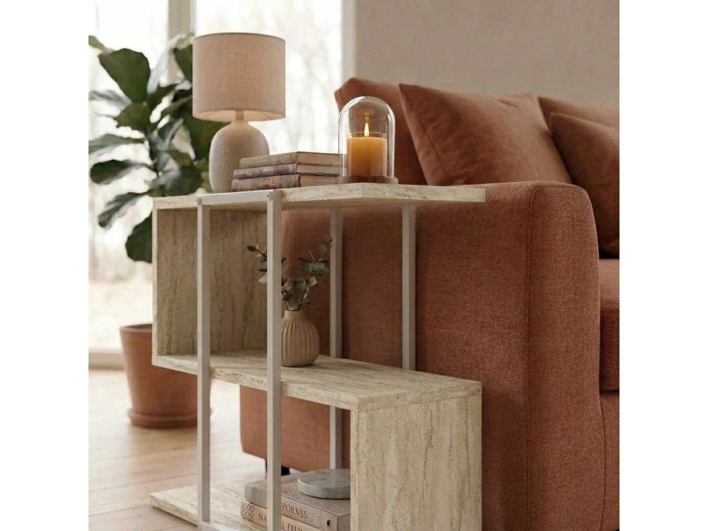 Houten bijzettafel "HOMIA" - 56 x 25 x 56 cm - travertijn