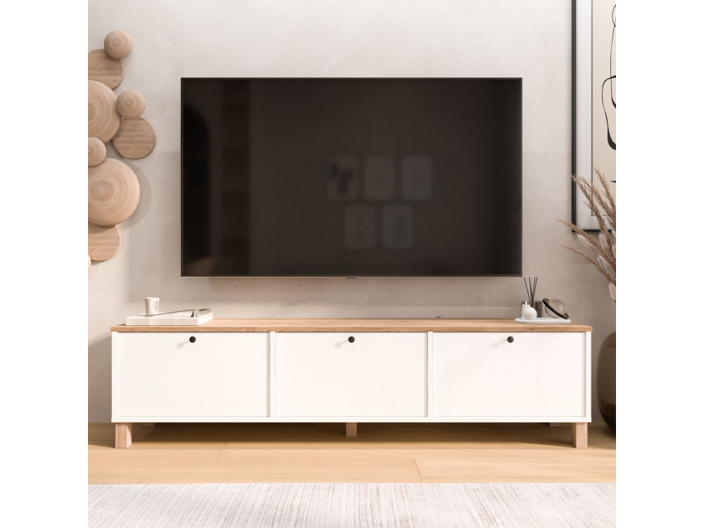 Houten tv-meubel "Nord" - 180 x 32 x 45 cm - Wit / Eiken