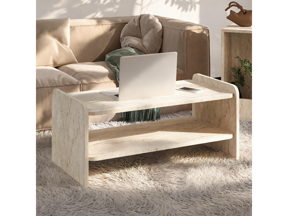 Houten salontafel "Amon" - 89,8 x 39,8 x 44,8 cm - Travertijn