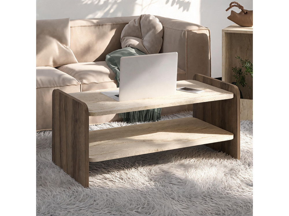 Houten salontafel "Amon" - 89,8 x 39,8 x 44,8 cm - Travertijn / Antiek notenhout