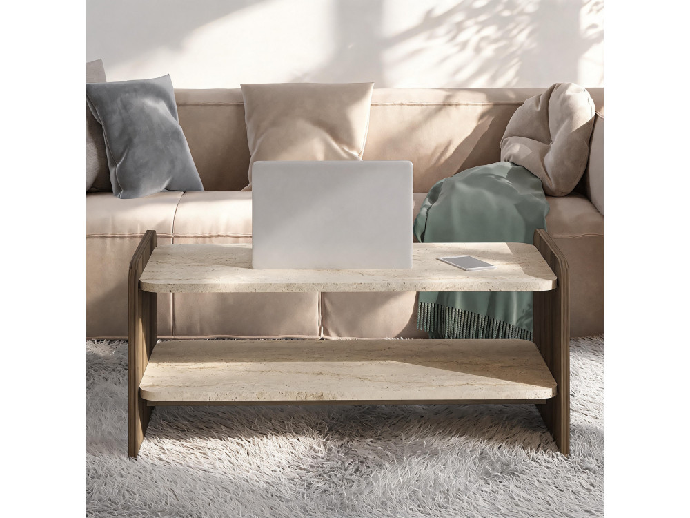 Houten salontafel "Amon" - 89,8 x 39,8 x 44,8 cm - Travertijn / Antiek notenhout