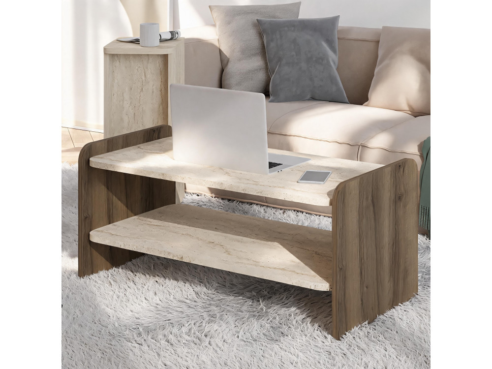 Houten salontafel "Amon" - 89,8 x 39,8 x 44,8 cm - Travertijn / Antiek notenhout