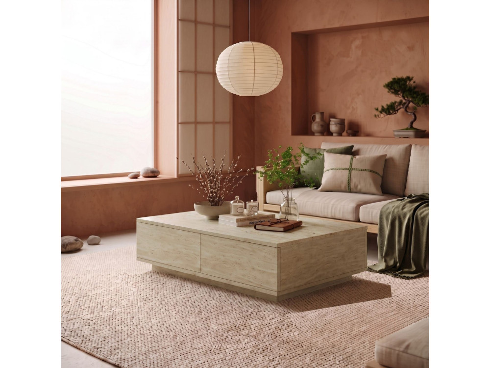 Houten salontafel "Ave14" - 90 x 60 x 28 cm - travertijn