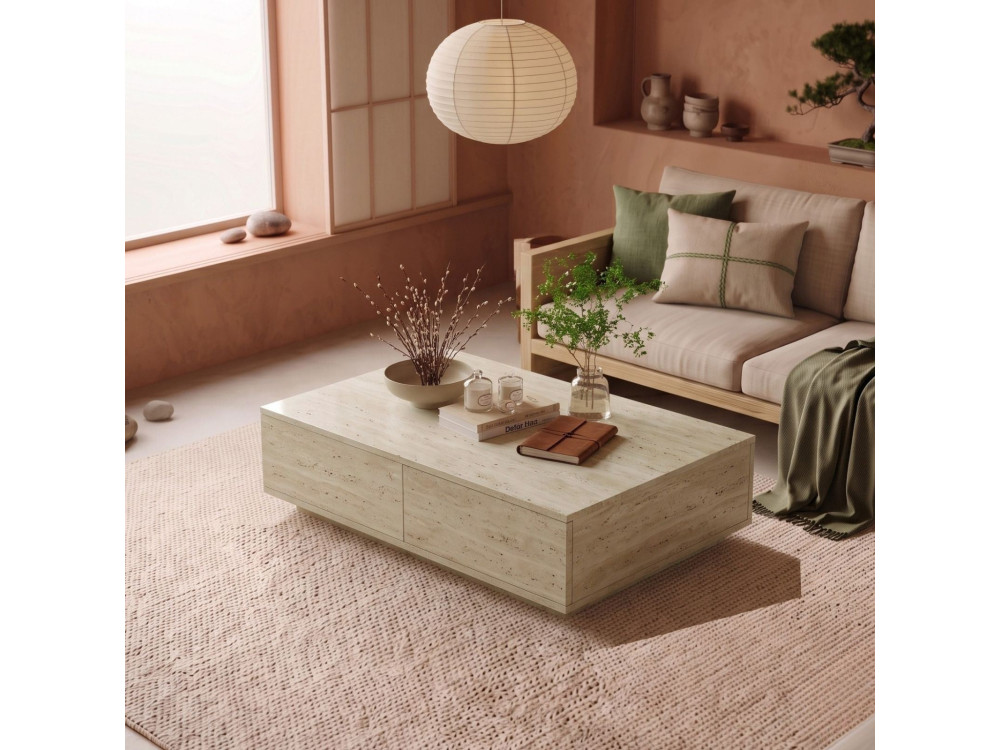 Houten salontafel "Ave14" - 90 x 60 x 28 cm - travertijn