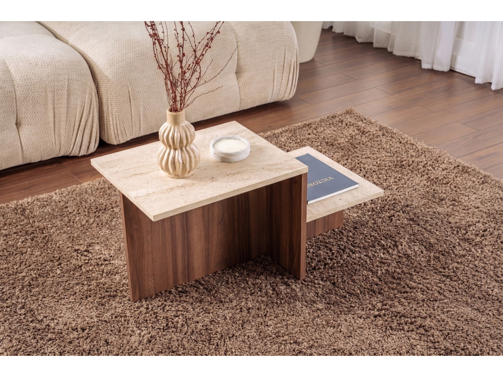 Houten salontafel „Harmony“ – 80 x 40 x 40 cm – travertijn