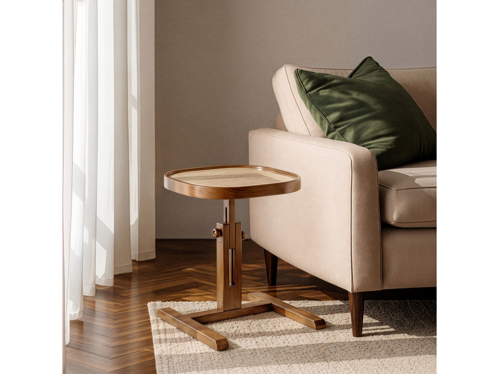 Houten bijzettafel "Opus Kare 42" - 42 x 42 x 57 cm - Notenhout / Travertijn