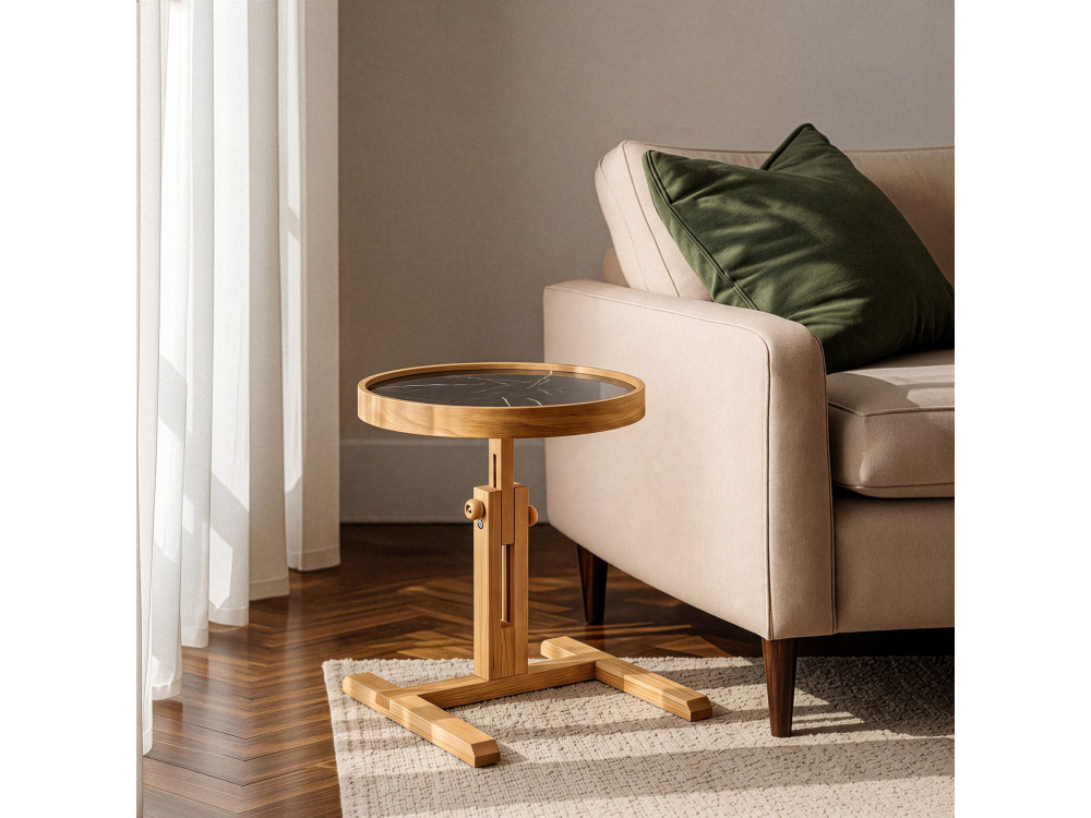 Houten bijzettafel "Opus Yuvarlak 40" - 40 x 40 x 57 cm - Eiken / Zwart marmer