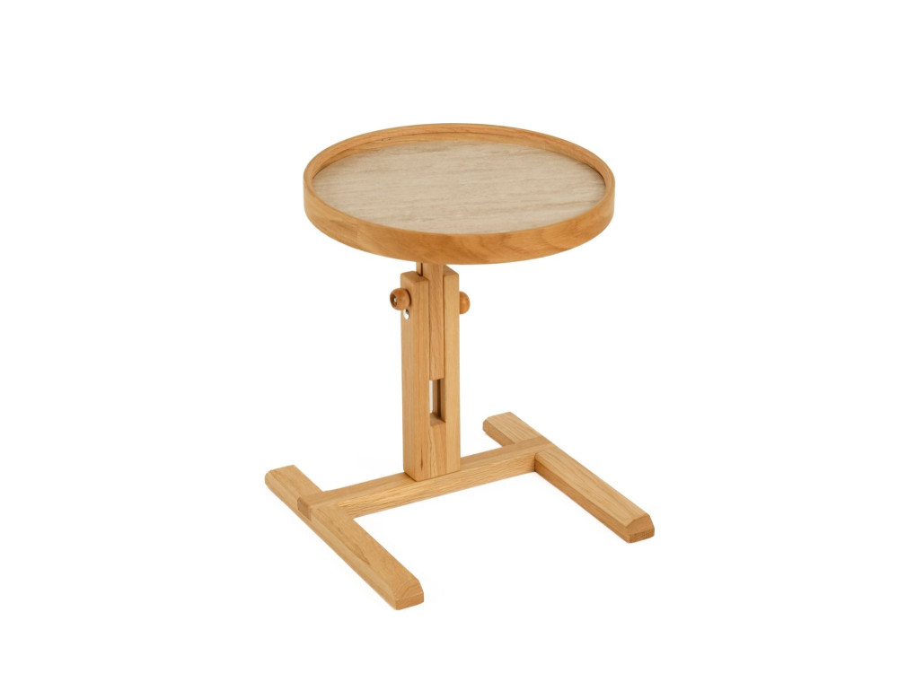 Houten bijzettafel „Opus Yuvarlak 40“ - 40 x 40 x 57 cm - Eiken / Travertijn