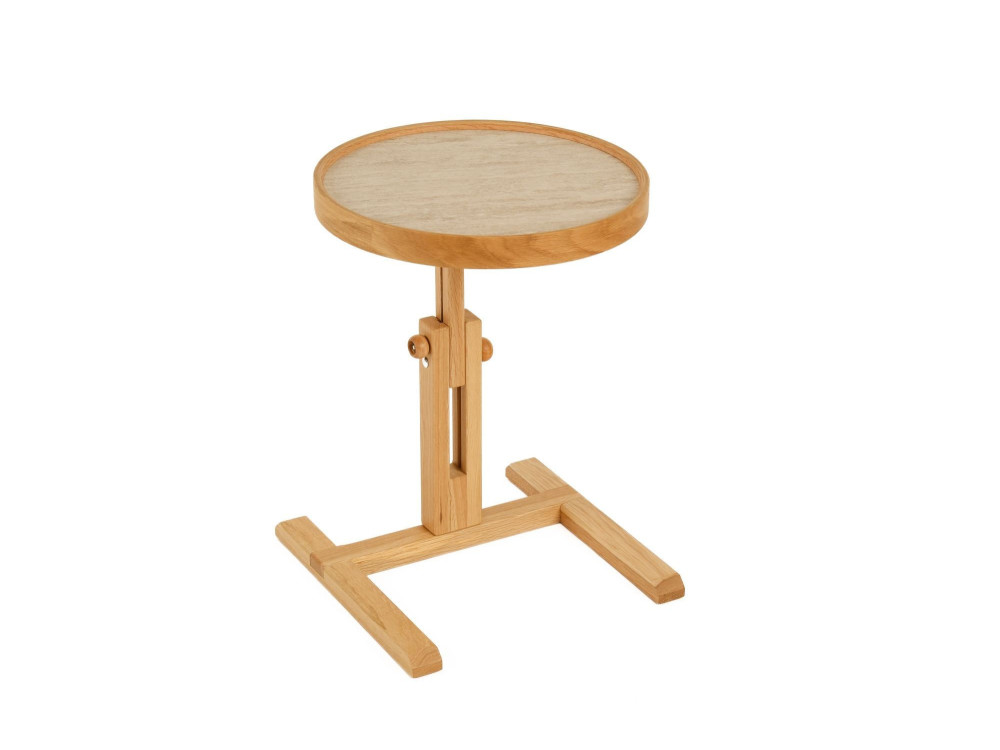 Houten bijzettafel „Opus Yuvarlak 40“ - 40 x 40 x 57 cm - Eiken / Travertijn