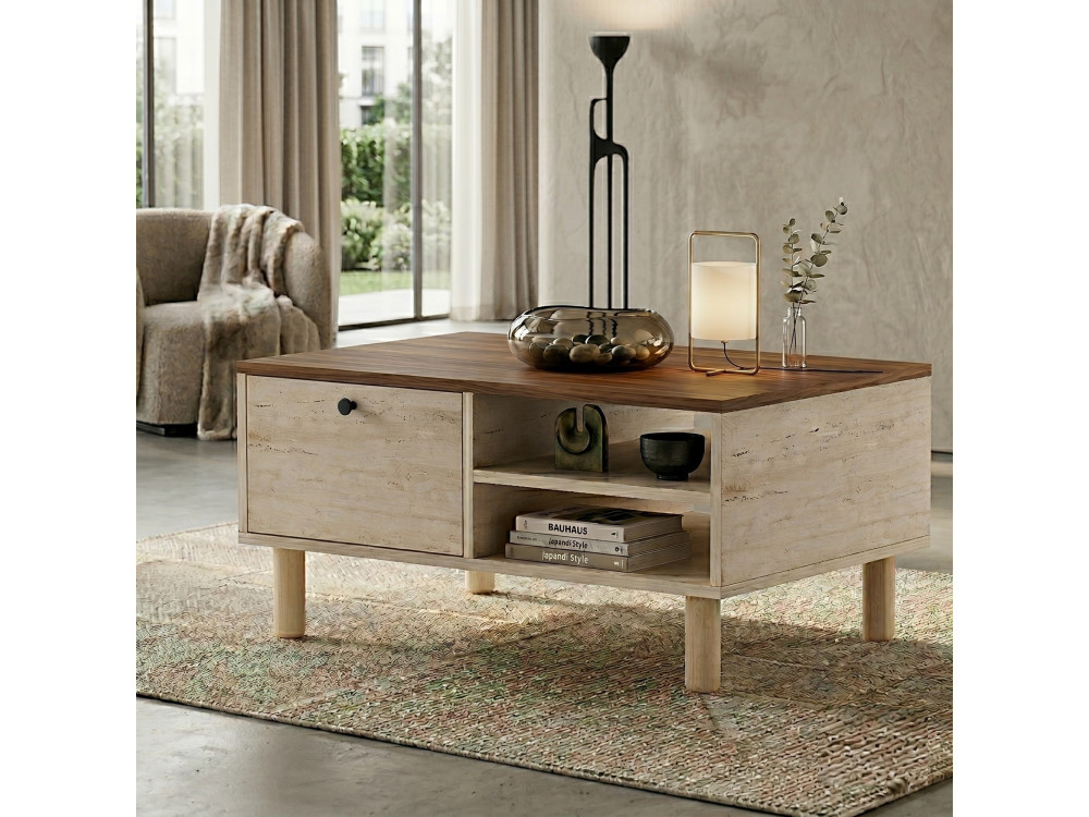 Houten salontafel "Aris" - 90 x 38,8 x 60 cm - Travertijn / Venezia-notenhout