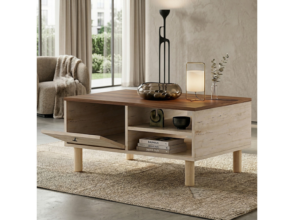 Houten salontafel "Aris" - 90 x 38,8 x 60 cm - Travertijn / Venezia-notenhout