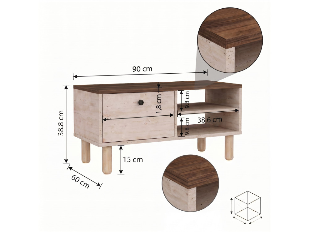 Houten salontafel "Aris" - 90 x 38,8 x 60 cm - Travertijn / Venezia-notenhout