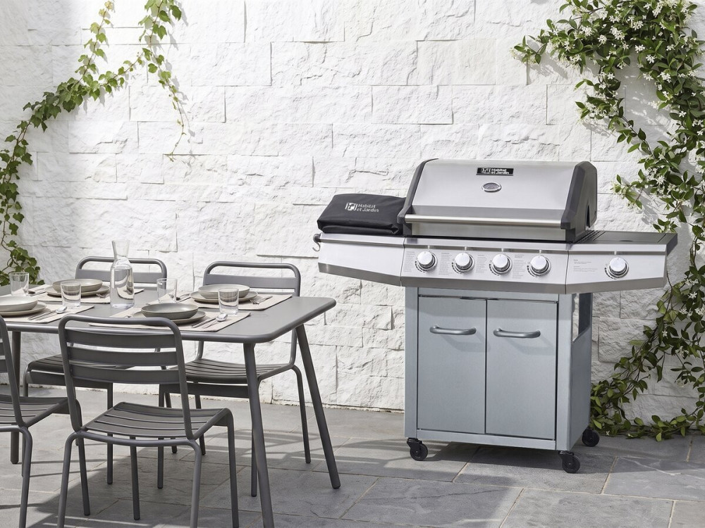 Gas BBQ gasbarbecue barbecue met led "Bingo 5" - 5 branders waarvan 1 zijbrander - 15,2 kW + beschermhoes - Zilver