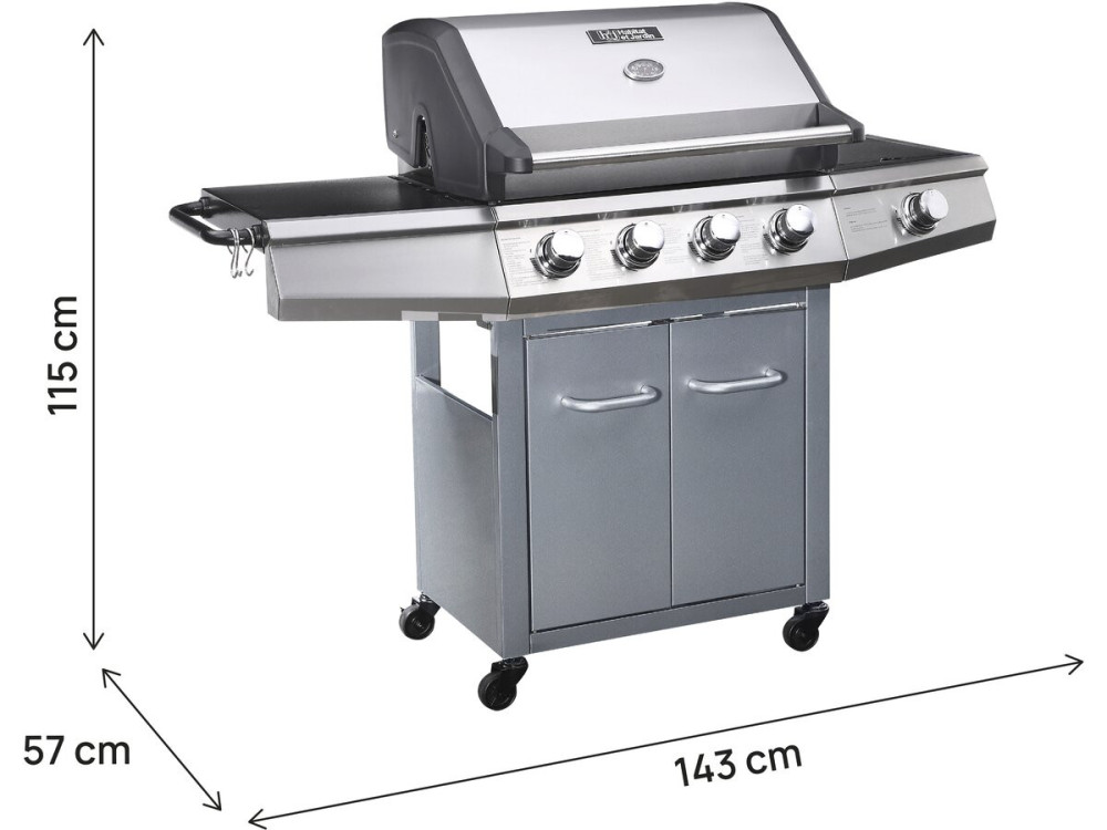 Gas BBQ gasbarbecue barbecue met led "Bingo 5" - 5 branders waarvan 1 zijbrander - 15,2 kW + beschermhoes - Zilver