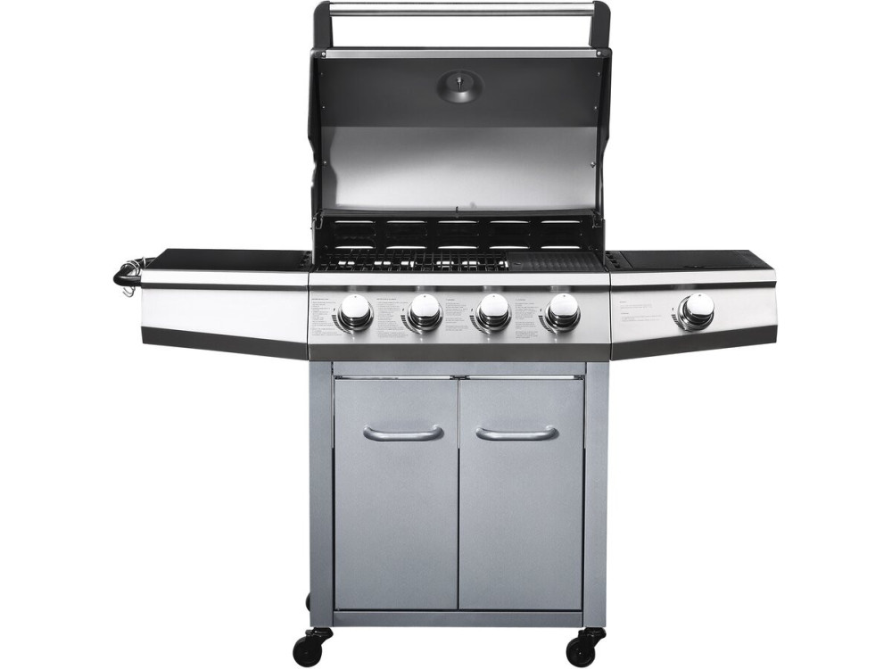 Gas BBQ gasbarbecue barbecue met led "Bingo 5" - 5 branders waarvan 1 zijbrander - 15,2 kW + beschermhoes - Zilver