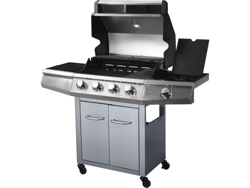 Gas BBQ gasbarbecue barbecue met led "Bingo 5" - 5 branders waarvan 1 zijbrander - 15,2 kW + beschermhoes - Zilver