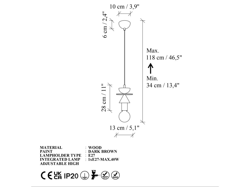 Houten hanglamp "Rotas" - 13 x 13 x 118 cm - Bruin