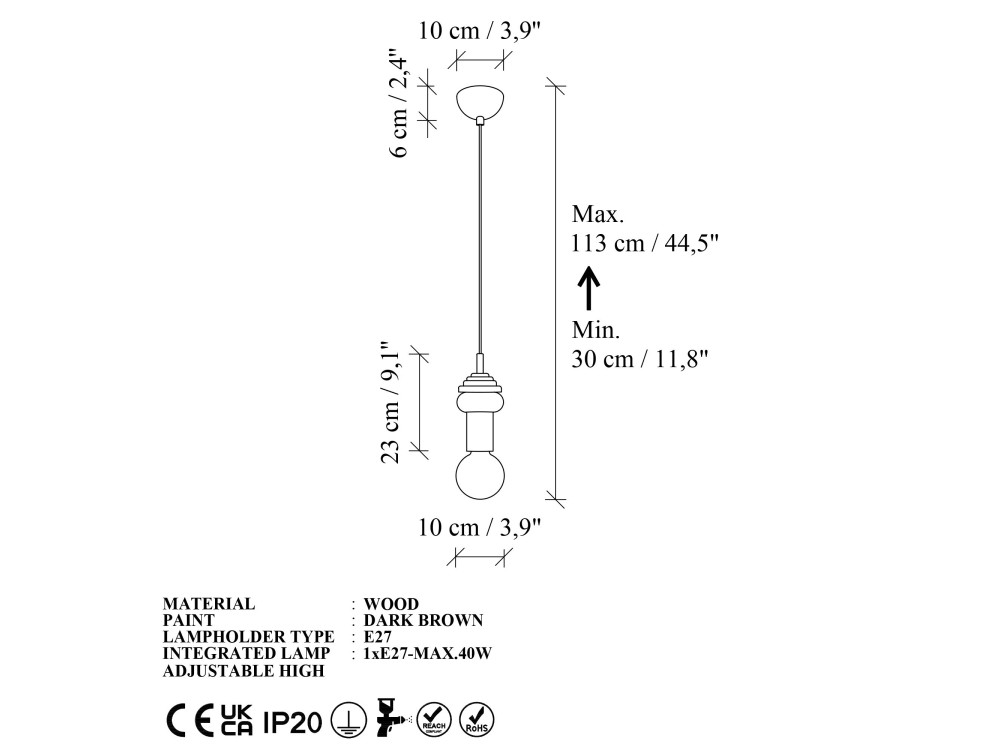 Houten hanglamp "Rotas" - 10 x 10 x 113 cm - Bruin