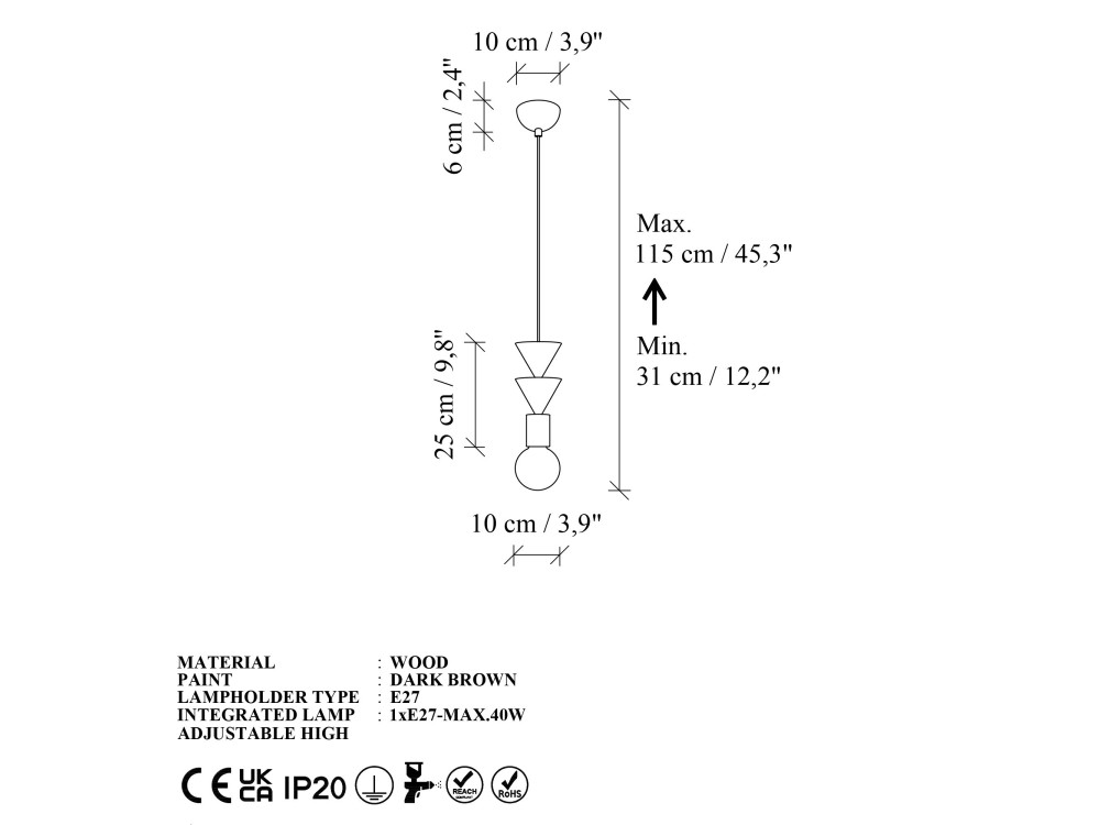 Houten hanglamp "Rotas" - 10 x 10 x 115 cm - Bruin