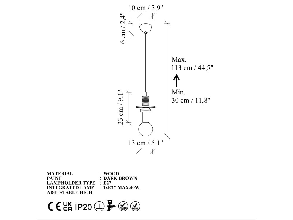 Houten hanglamp "Rotas" - 13 x 13 x 113 cm - Bruin