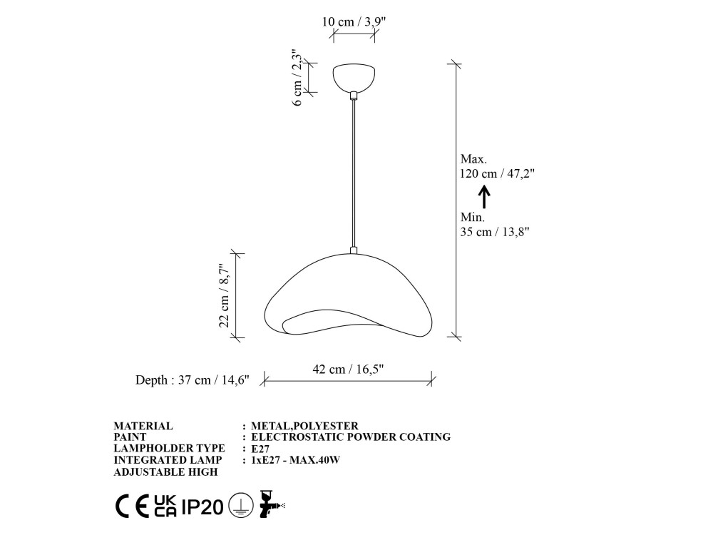 Metalen hanglamp "Luna" - 42 x 37 x 120 cm - Wit