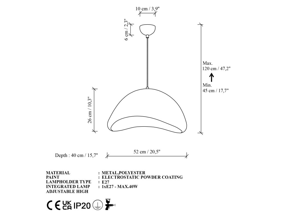 Metalen hanglamp "Luna" - 52 x 40 x 120 cm - Wit
