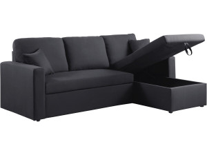 Hoekbank met opbergruimte slaapbank meubel links of rechts bank "Alain" - 221 x 145 x 85 cm - 3 zits - Zwart