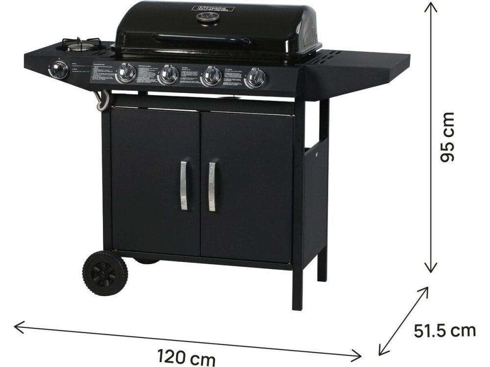 Gas BBQ gasbarbecue barbecue "Festa 5" - 5 branders waarvan 1 zijbrander - 12,9 Kw- Zwart